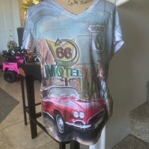 Route 66 Graphic V-Neck Women’s Top in Multi-Color